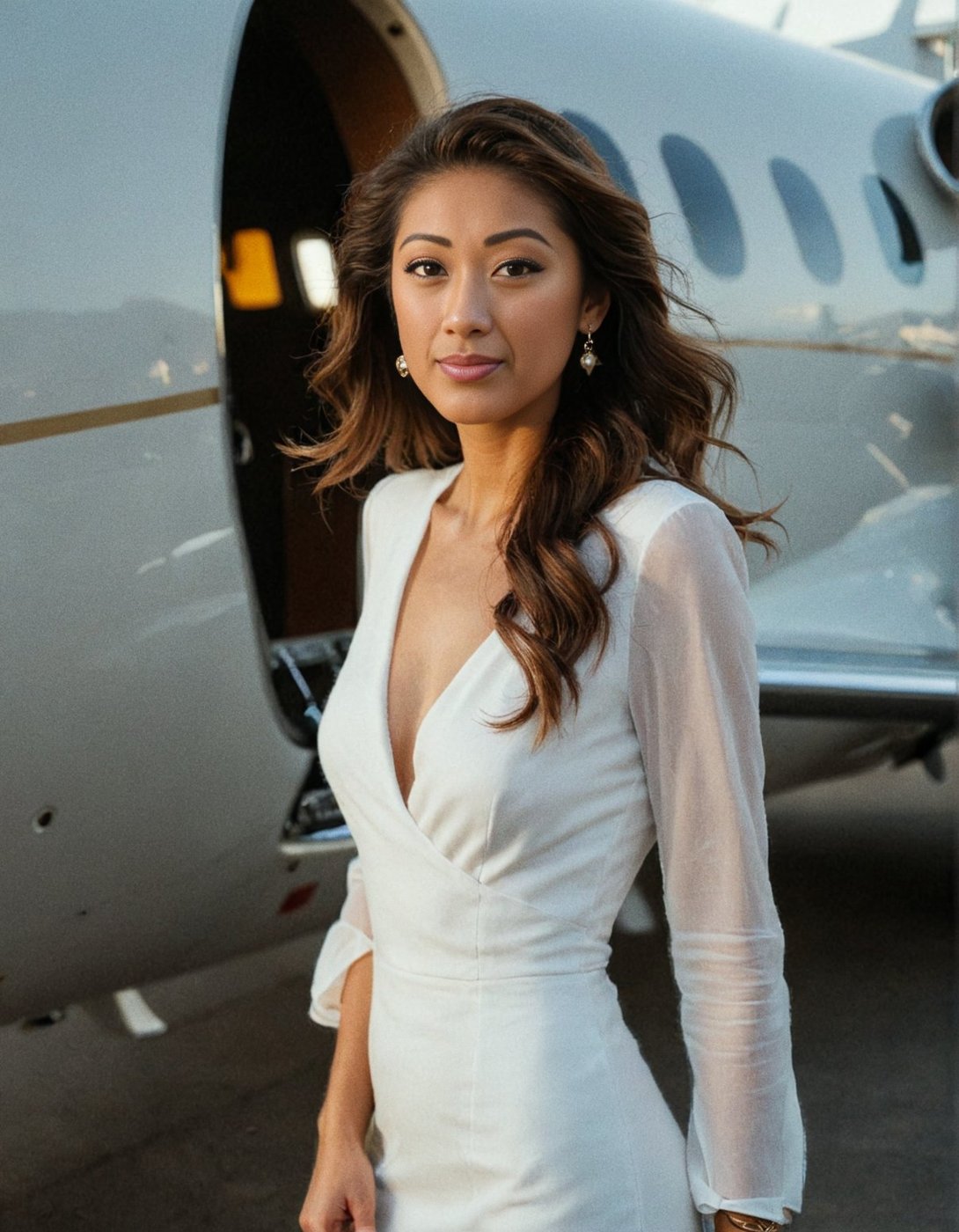 Ashley Murray Ramlochun stepping off a private jet at golden hour